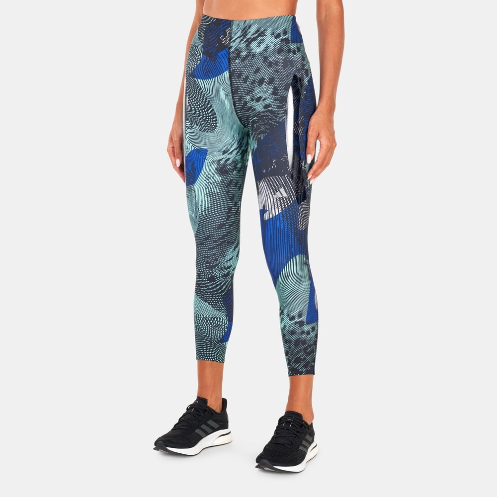 ADIDAS Adizero Running All Over Blue Print 7/8 Tights Leggings Womens Small